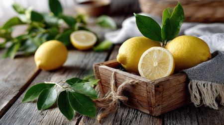 Bright and fresh lemons with green leaves arranged in a rustic wooden box on a weathered table, showcasing a vibrant and inviting natural setting.の素材