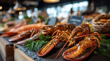 An inviting image showcasing freshly caught lobsters arranged beautifully at a seafood market. The vibrant colors and lush greenery enhance the culinary experience, emphasizing freshness and quality.の素材