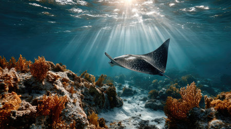 A magnificent manta ray gracefully swims through a vibrant coral reef, illuminated by beautiful sun rays filtering down in the clear ocean waters.の素材