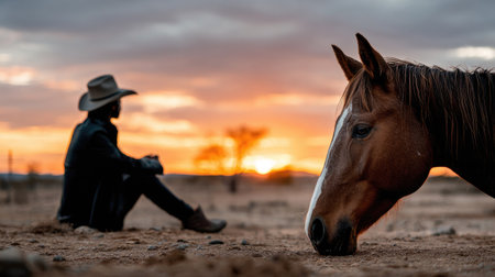 A tranquil scene featuring a cowboy sitting near a horse during a stunning sunset in a desert landscape, capturing a moment of reflection and connection with nature.の素材