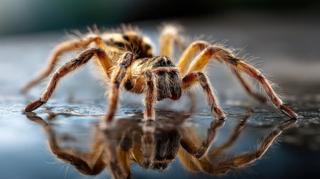 This close-up image showcases a tarantula spider, highlighting its delicate features, intricate hairs, and reflections on a glossy surface. Perfect for nature enthusiasts.の素材