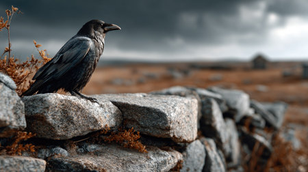 A striking image of a raven perched on a rugged stone wall, showcasing its dark feathers against a moody sky. The serene landscape adds depth and atmosphere.の素材
