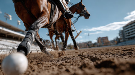 This vivid image showcases an exhilarating polo match, with horses charging ahead on a sandy field, highlighting athleticism and teamwork amid a beautiful day.の素材