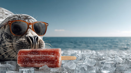 A fun and charming scene featuring a playful seal wearing stylish sunglasses while enjoying a refreshing popsicle on a sunny beach.の素材