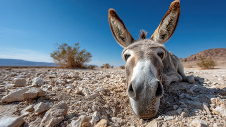 A playful donkey rests on the sandy ground of a desert landscape, with bright blue skies and vegetation in the background, capturing a serene moment in nature.の素材