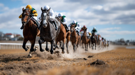 A dynamic scene captures a thrilling horse race, showcasing jockeys in colorful attire as they expertly navigate a dusty track under a dramatic sky.の素材