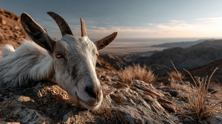 A close-up view of a majestic goat resting on rocky terrain, surrounded by a breathtaking mountain landscape under soft evening light.の素材