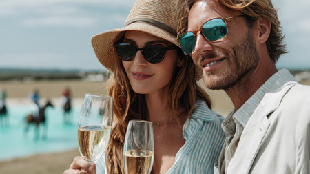 A fashionable couple clinks champagne glasses in a bright outdoor setting, exuding joy and elegance, surrounded by beautiful scenery and horses.の素材