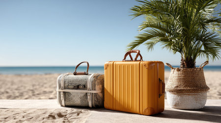 Two stylish travel bags sit on a sandy beach beside a palm tree, highlighting a perfect summer getaway. The scene evokes relaxation and adventure.の素材