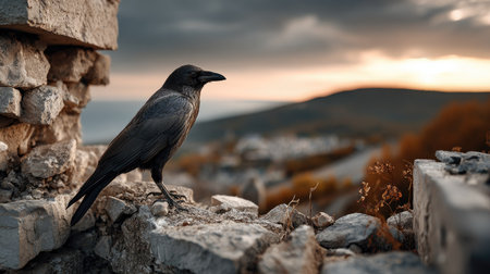 A striking image of a raven standing on weathered stones, surrounded by a breathtaking sunset sky. This scene captures the beauty and mystery of nature.の素材