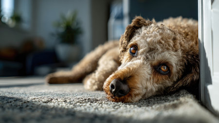 A charming close-up of a relaxed dog lying on a soft carpet in a brightly lit living room, showcasing its expressive eyes and beautiful fur.の素材