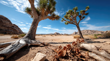 A breathtaking desert scene featuring unique Joshua trees and rugged rock formations. The landscape captures the essence of arid beauty under a vast blue sky.の素材