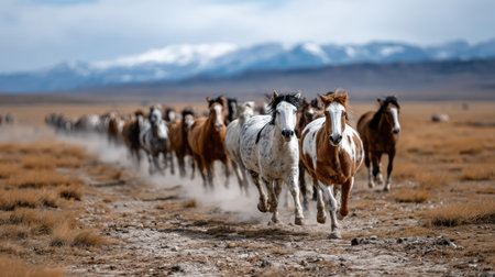 A stunning image of a herd of wild horses galloping through an open plain, creating dust clouds against a backdrop of majestic mountains. The scene captures the essence of freedom and beauty in nature.の素材