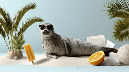 A charming seal lounges under the sun, sporting stylish sunglasses on a sandy beach. The scene captures a fun tropical vibe with palm trees and summer treats.の素材