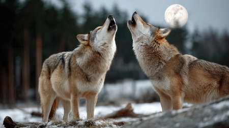 This striking image captures two wolves howling together beneath a bright full moon, set against a picturesque winter landscape filled with snow and tall trees.の素材