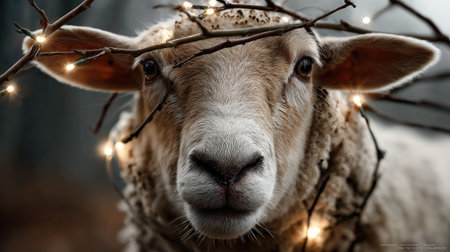 A captivating close-up view of a sheep nestled among twinkling lights and branches, surrounded by a misty atmosphere that evokes tranquility and beauty.の素材