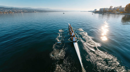 A rowing team gracefully navigates a tranquil lake during the early morning hours, showcasing teamwork and dedication against a stunning natural backdrop.の素材