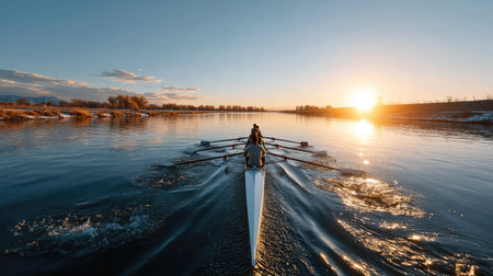 A dynamic scene of a rowing team gliding across a calm river at sunset, creating beautiful reflections while showcasing teamwork and fitness.の素材