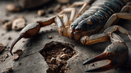 This close-up image showcases a scorpion in its natural habitat, highlighting its intricate details and textures. The photo captures the essence of wildlife and nature.の素材