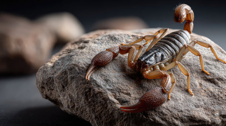 This macro photograph captures a scorpion resting on a rock, showcasing its intricate anatomy and natural habitat with stunning detail and clarity.の素材