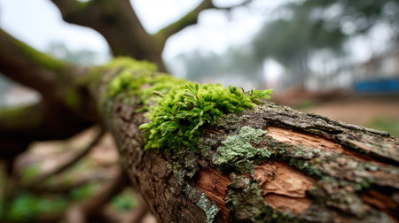 This close-up image captures a serene moment of moss growing on tree bark, showcasing the beauty of nature's details, textures, and vibrant greenery.の素材