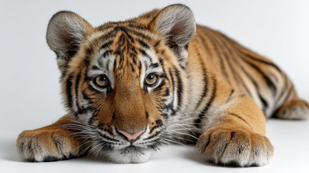 This captivating image features a young tiger cub resting prominently with an intense gaze. The detailed fur patterns and striking expressions highlight the beauty of wildlife.の素材