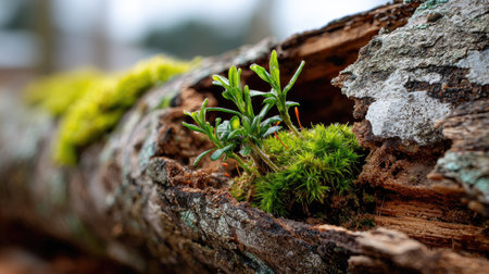 Nature showcases its resilience with new life sprouting from decaying wood, surrounded by vibrant green moss and delicate plants, symbolizing renewal and growth.の素材
