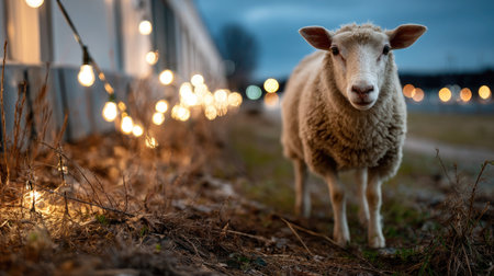 A serene image of a sheep standing calmly in the evening light. Decorative string lights illuminate the scene, enhancing the tranquil atmosphere.の素材