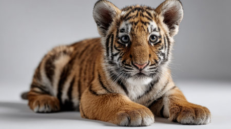 A captivating young tiger cub resting comfortably on a soft surface, showcasing its beautiful stripes and bright eyes, embodying innocence and curiosity.の素材