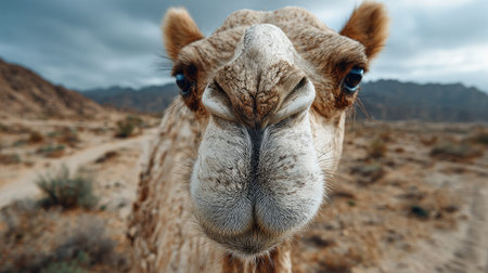 This image features a close-up of a camel's face against a dramatic desert landscape, showcasing its unique textures and features.の素材