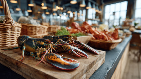 A vibrant lobster is arranged on a wooden board in a rustic seafood market. The scene is filled with fresh shellfish and baskets, highlighting culinary delights.の素材