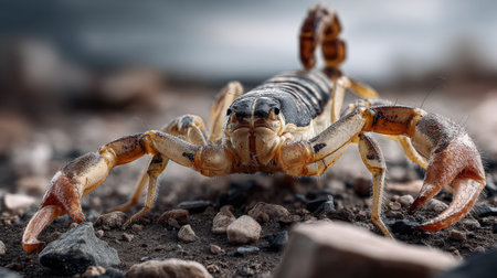 A detailed close-up capturing a scorpion positioned on rocky terrain, highlighting its impressive claws and textured body, evoking a sense of wilderness.の素材