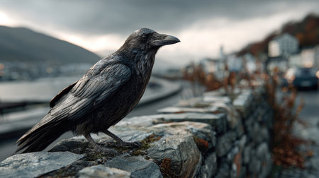 A striking raven perched on a weathered stone wall with a backdrop of a moody sky, showcasing nature's beauty alongside urban elements.の素材