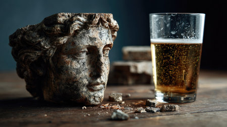 A stunning still-life composition featuring an ancient sculptural head next to a glass of beer. This unique arrangement highlights the contrast between old and new artifacts in a rustic setting.の素材