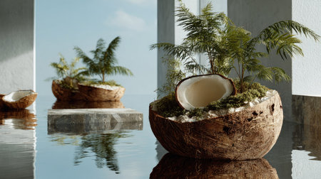 A captivating indoor scene featuring coconut shell planters adorned with green ferns. The tranquil water reflects a serene atmosphere, highlighting modern design.の素材