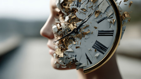 A unique conceptual art piece showcasing the integration of time with human identity. The broken clock face melds with a woman's profile, exploring themes of decay and existence.の素材