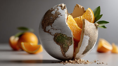 This artistic image showcases a globe made of earth with vibrant orange slices peeking out, symbolizing freshness and the interconnectedness of nature and food.の素材