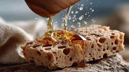 A beautiful close-up of honey being poured from a wooden spoon onto a loofah sponge, capturing the moment with glistening droplets and a serene background.の素材