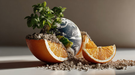 This imaginative image showcases a globe nestled within an orange, with a sapling sprouting from soil, symbolizing environmental sustainability and organic harmony.の素材