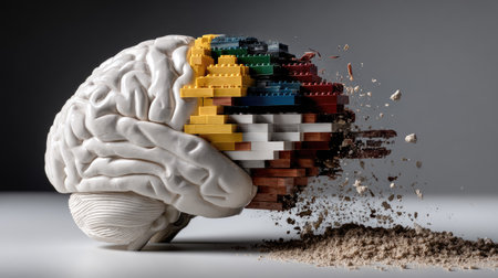 This imaginative artwork features a brain creatively constructed from colorful building blocks, symbolizing the fusion of playfulness and cognitive function in modern art.の素材