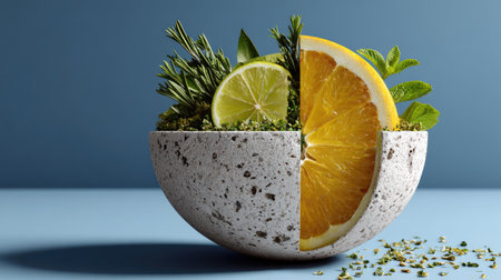A contemporary bowl showcases a vibrant arrangement of citrus fruits and fresh herbs, perfect for culinary inspirations and healthy lifestyle promotions.の素材