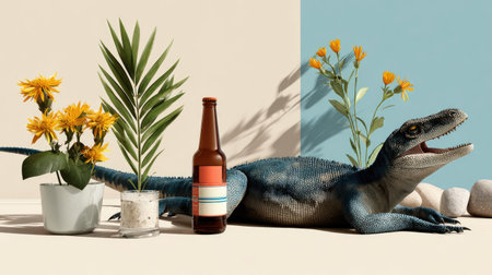 A stunning image featuring a realistic dinosaur figure lounging beside vibrant plants and a beverage bottle, creating a playful and colorful interior scene.の素材