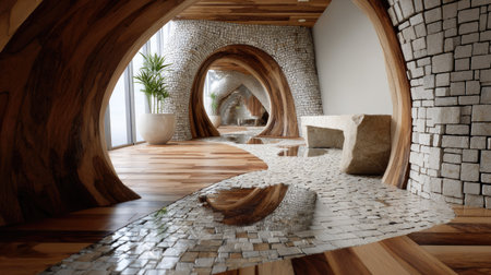 This captivating interior showcases an innovative blend of wood and stone elements, creating a harmonious and artistic atmosphere perfect for relaxation and creativity.の素材