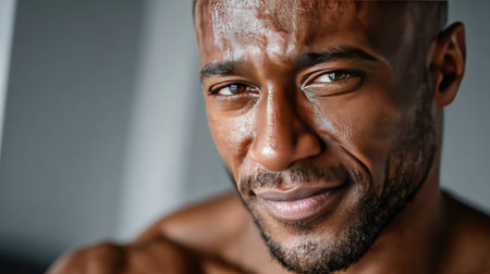 A charming portrait of a confident man showcasing a warm smile and expressive eyes, set in natural light. The image reflects strength and personality.の素材