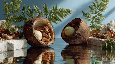 This captivating still life features coconut shells resting on calm waters, surrounded by lush greenery, creating an organic and tranquil atmosphere.の素材
