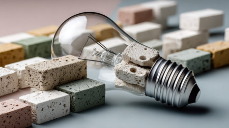 This artistic image features a light bulb creatively placed among colorful ceramic blocks against a soft backdrop, showcasing design and innovation.の素材