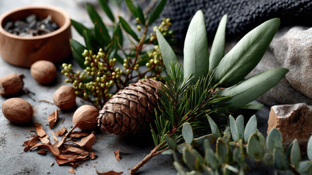 This image showcases a beautiful arrangement of natural elements, including a pinecone, various leaves, and nuts, all placed on a rustic surface.の素材