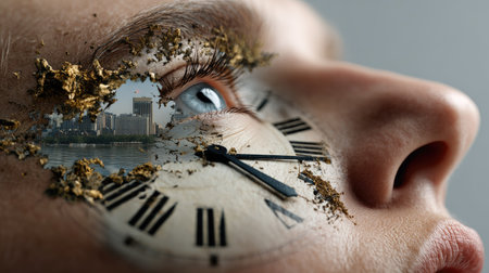 This imaginative image blends human emotion and time, showing an eye integrated with a clock and cityscape, reflecting the complexity of perception and existence.の素材