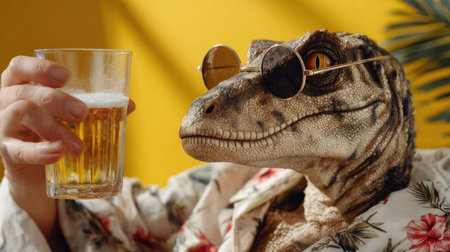 A playful dinosaur character wearing sunglasses enjoys a cold beer while dressed in a tropical shirt, set against a lively yellow backdrop, embodying fun and humor.の素材