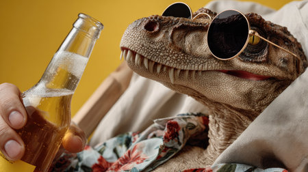 A lighthearted image of a dinosaur wearing sunglasses, enjoying a cold beverage while lounging in a tropical shirt. Perfect for summer-themed projects.の素材